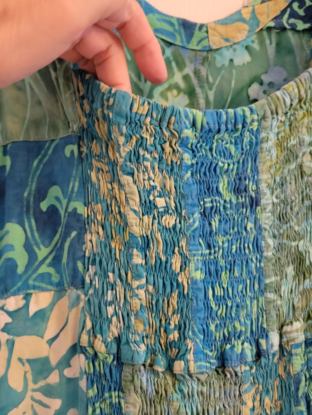 Batik Print Blue and Green Floral Patchwork Sun Dress Size XL Beach Coverup - Picture 11 of 12